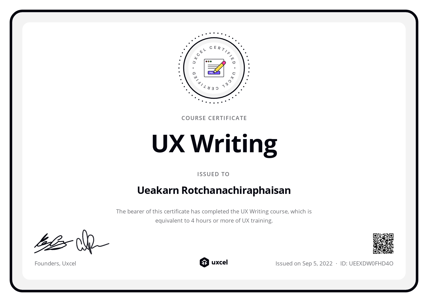 Ueakarn Rotchanachiraphaisan's certificate